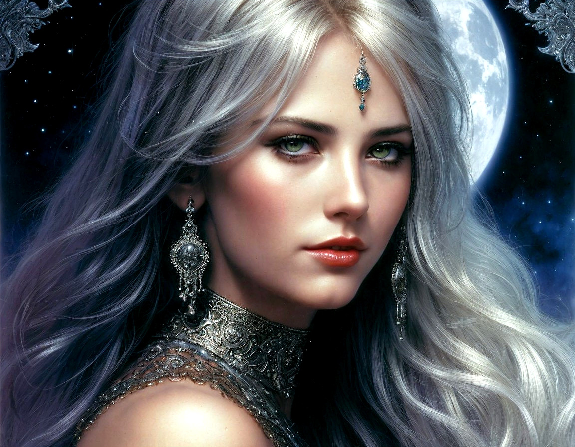 Portrait of a Young Woman with Silver Hair and Green Eyes