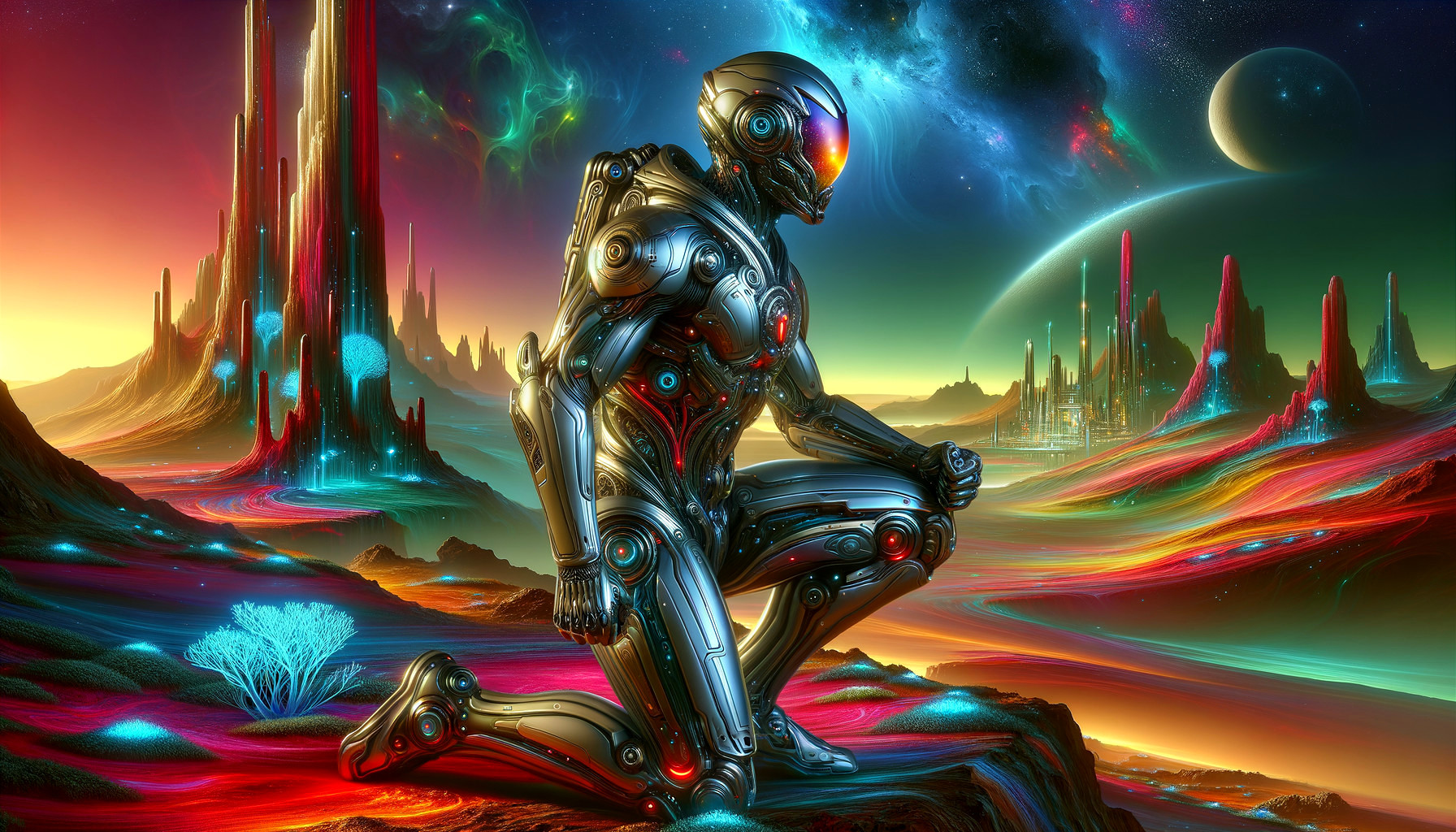 Futuristic Robot in Vibrant Alien Landscape Scene