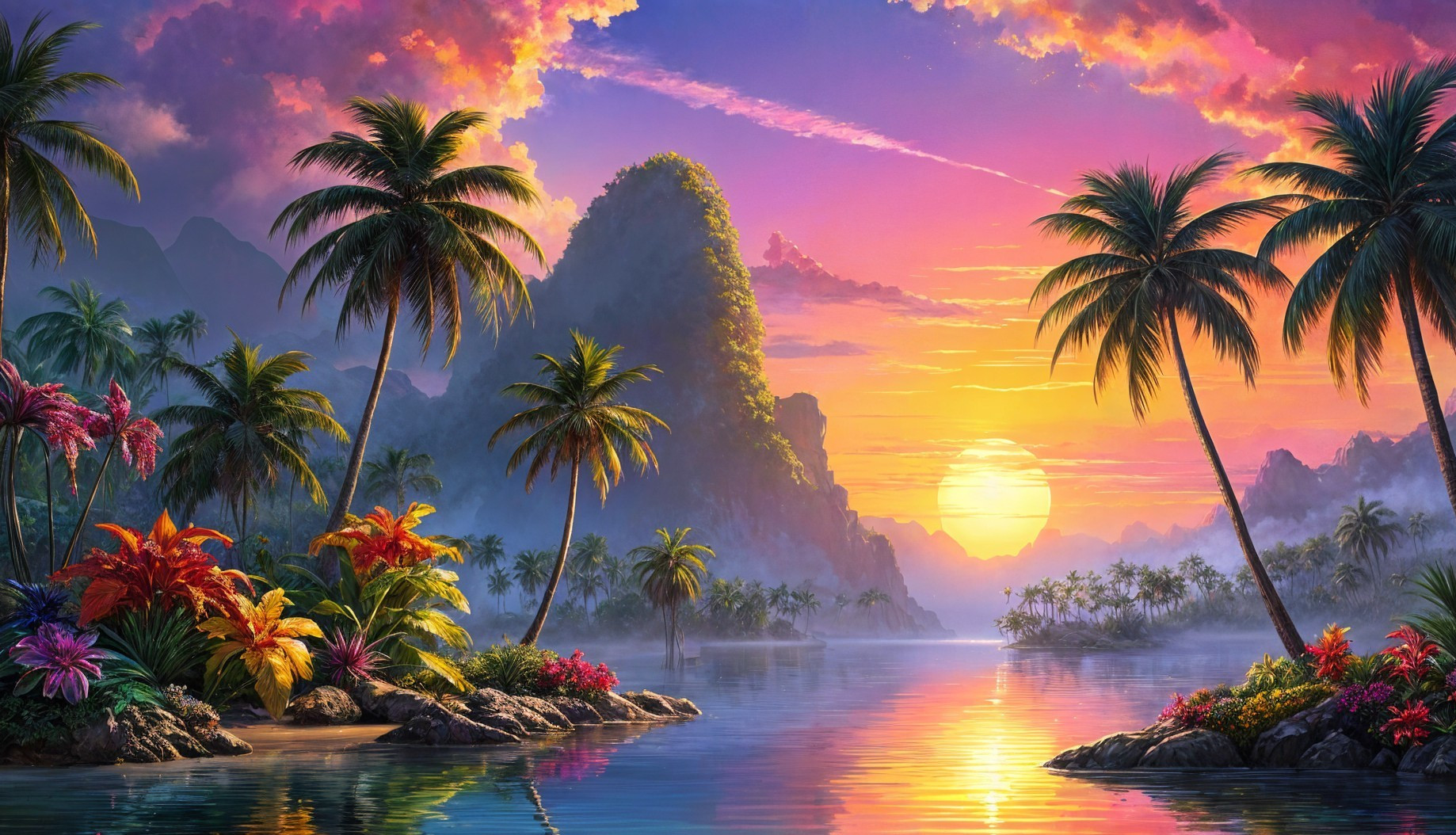 Vibrant Tropical Landscape at Sunset with Mountains
