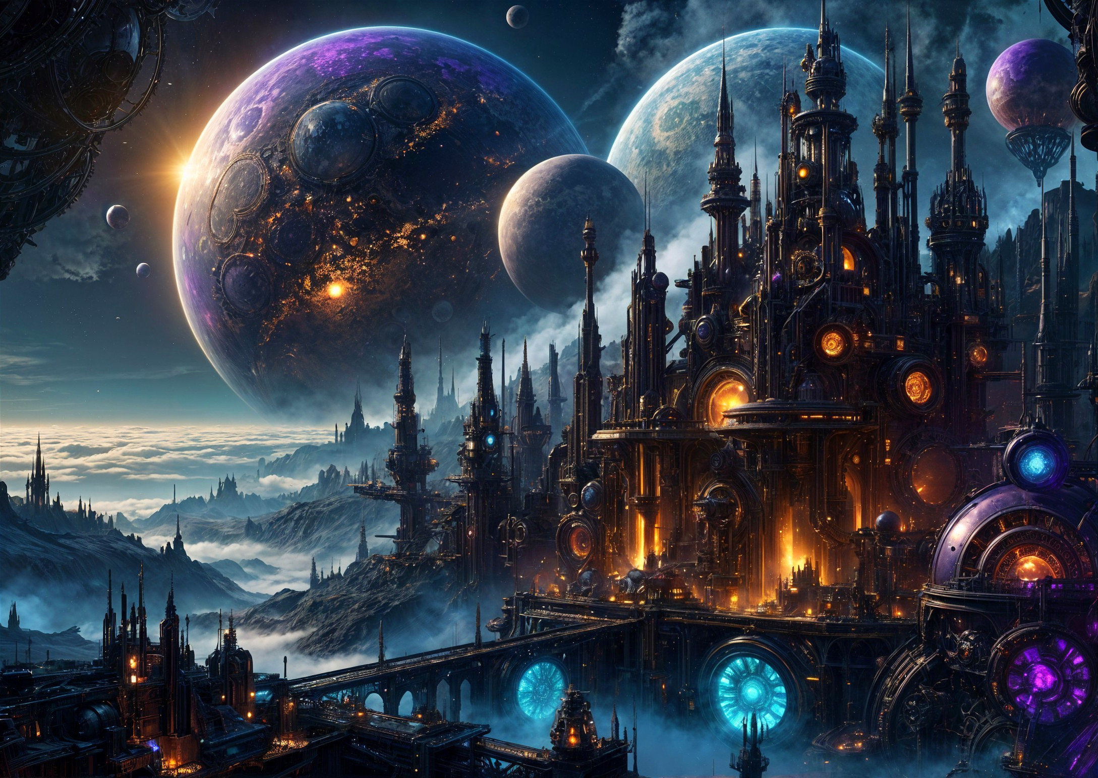 Intricate Sci-Fi Landscape with Celestial Bodies and Lights