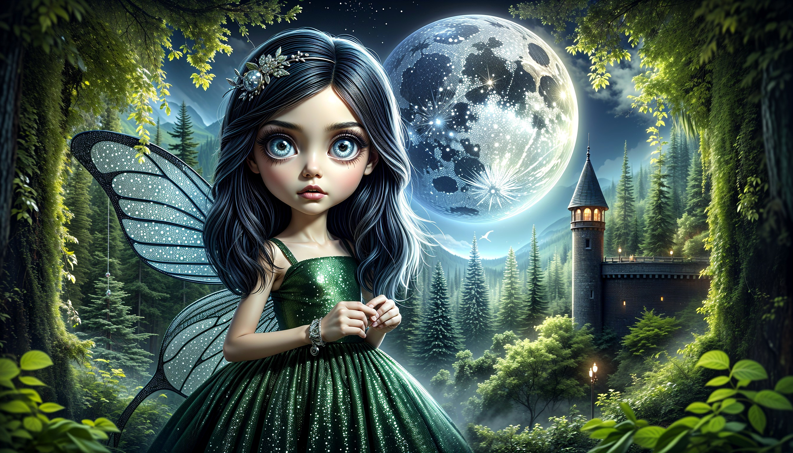Whimsical Fairy in Enchanted Forest with Moonlit Castle
