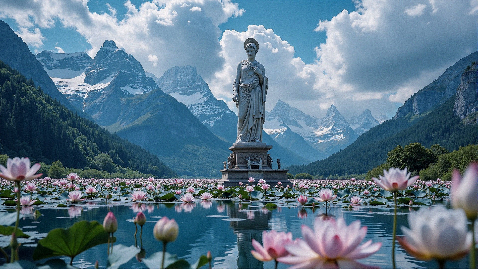 Majestic Statue in Serene Lake Landscape with Lotus Flowers