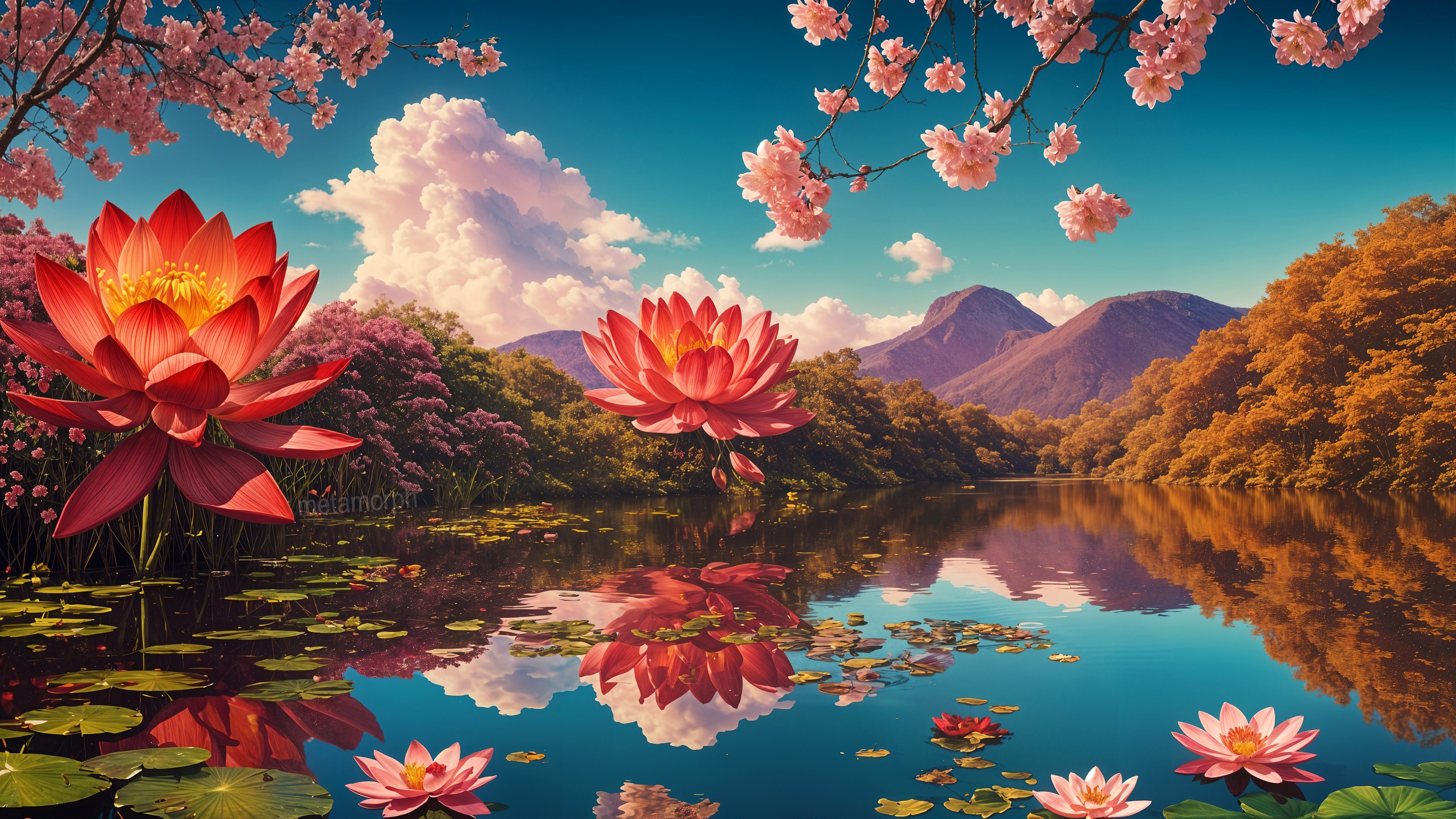Vibrant Lotus Flowers on a Tranquil Lake Landscape