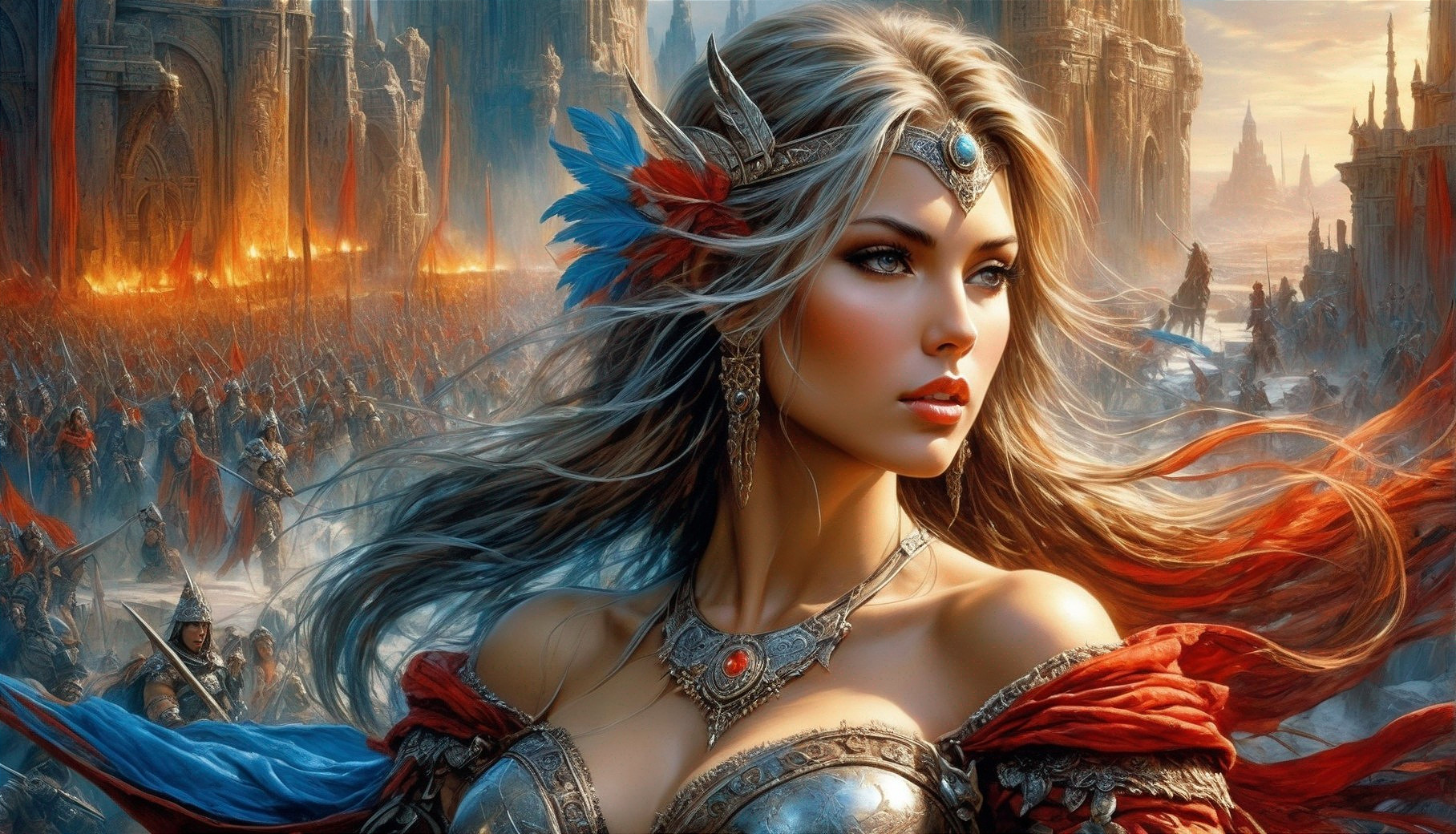 Female Warrior in Intricate Armor Before Ancient City