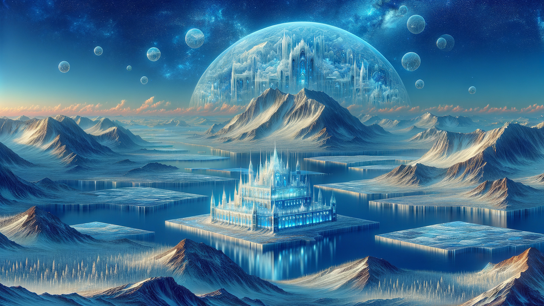 Surreal Landscape with Ice Castle and Blue Moon