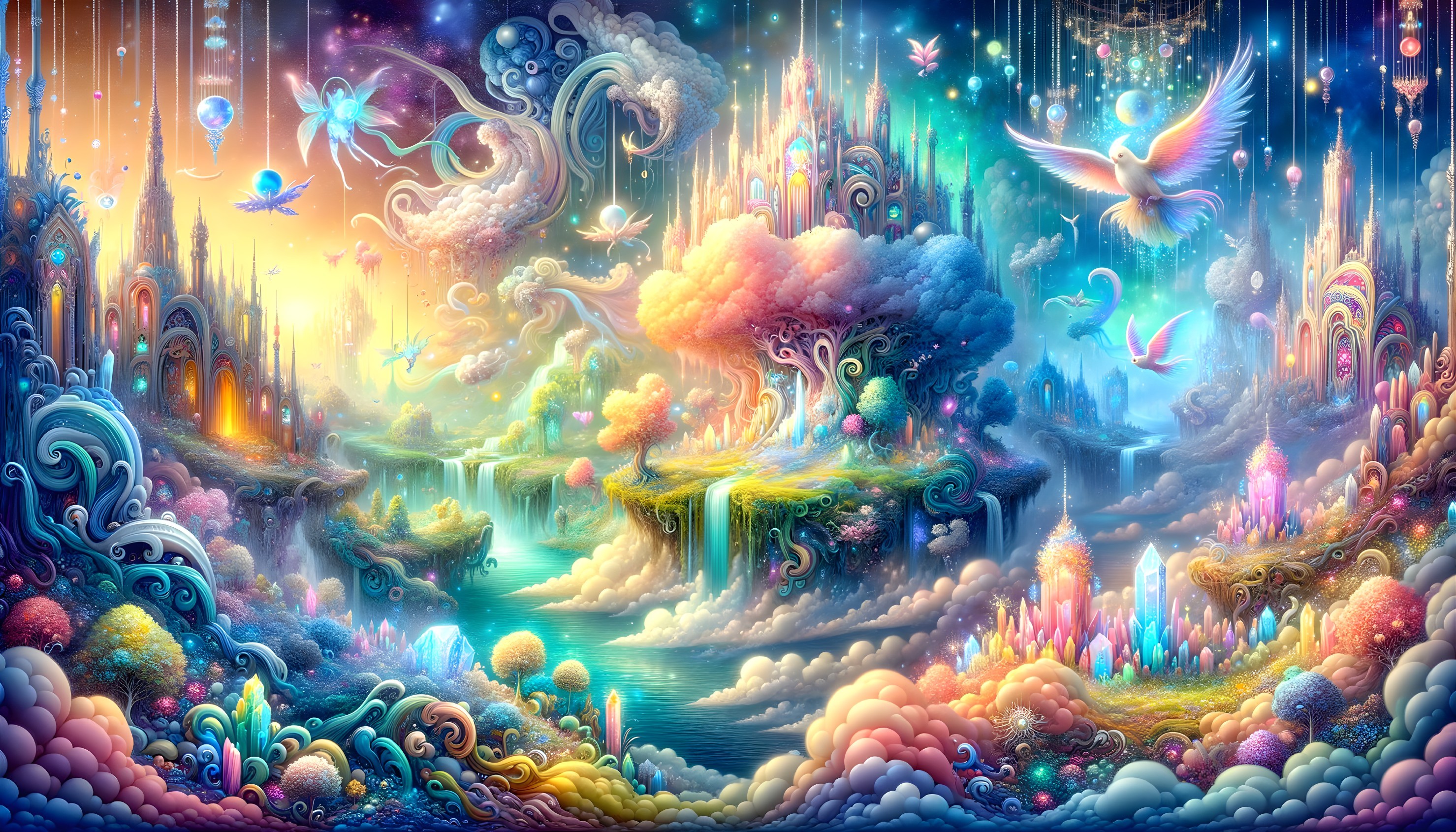 Vibrant Fantastical Landscape with Ethereal Creatures