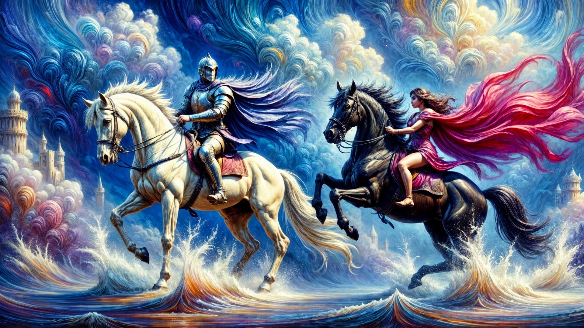Knight and Female Figure Riding Horses in Fantasy Scene