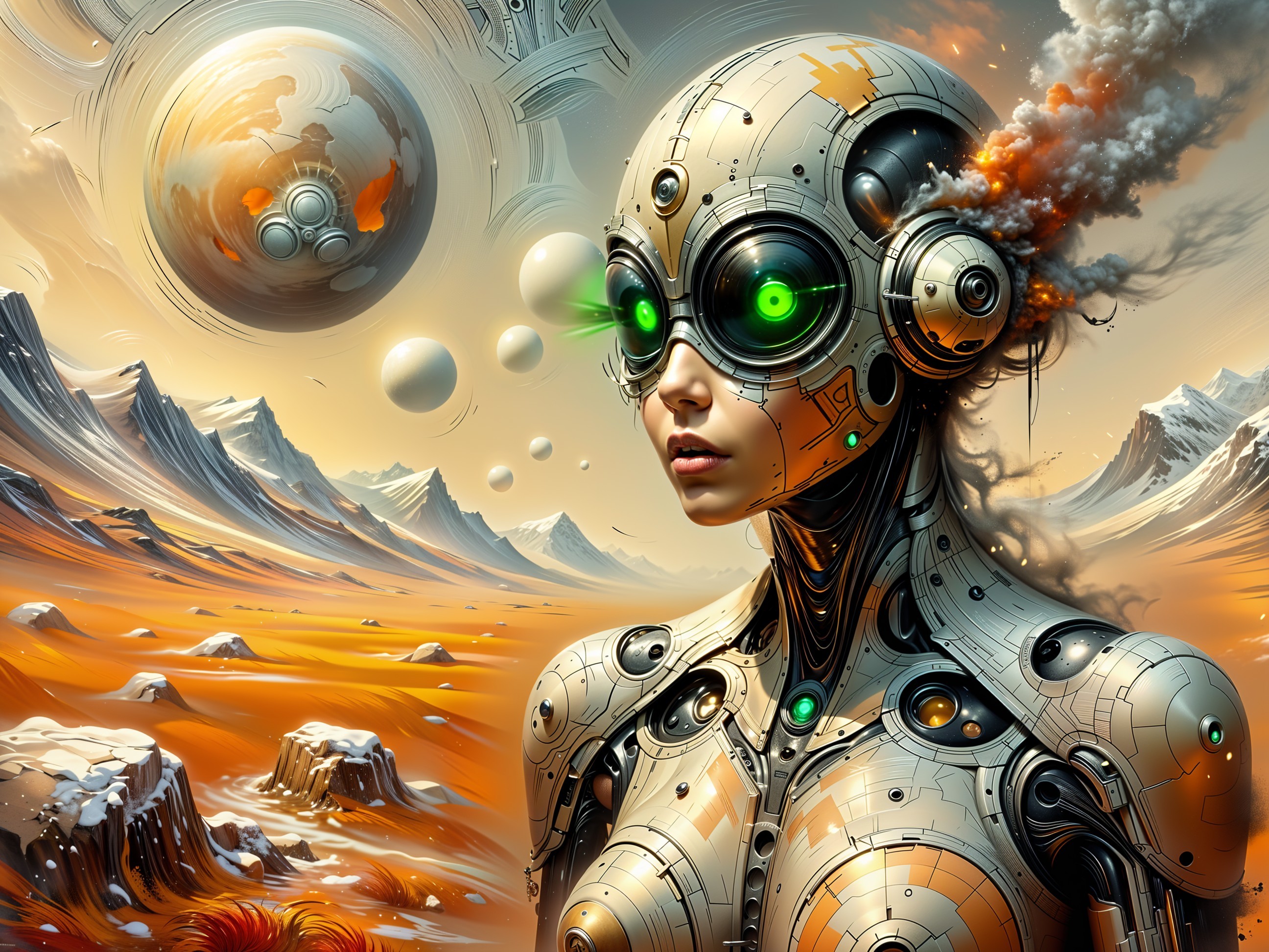 Cyborg Woman in Surreal Alien Landscape with Moons