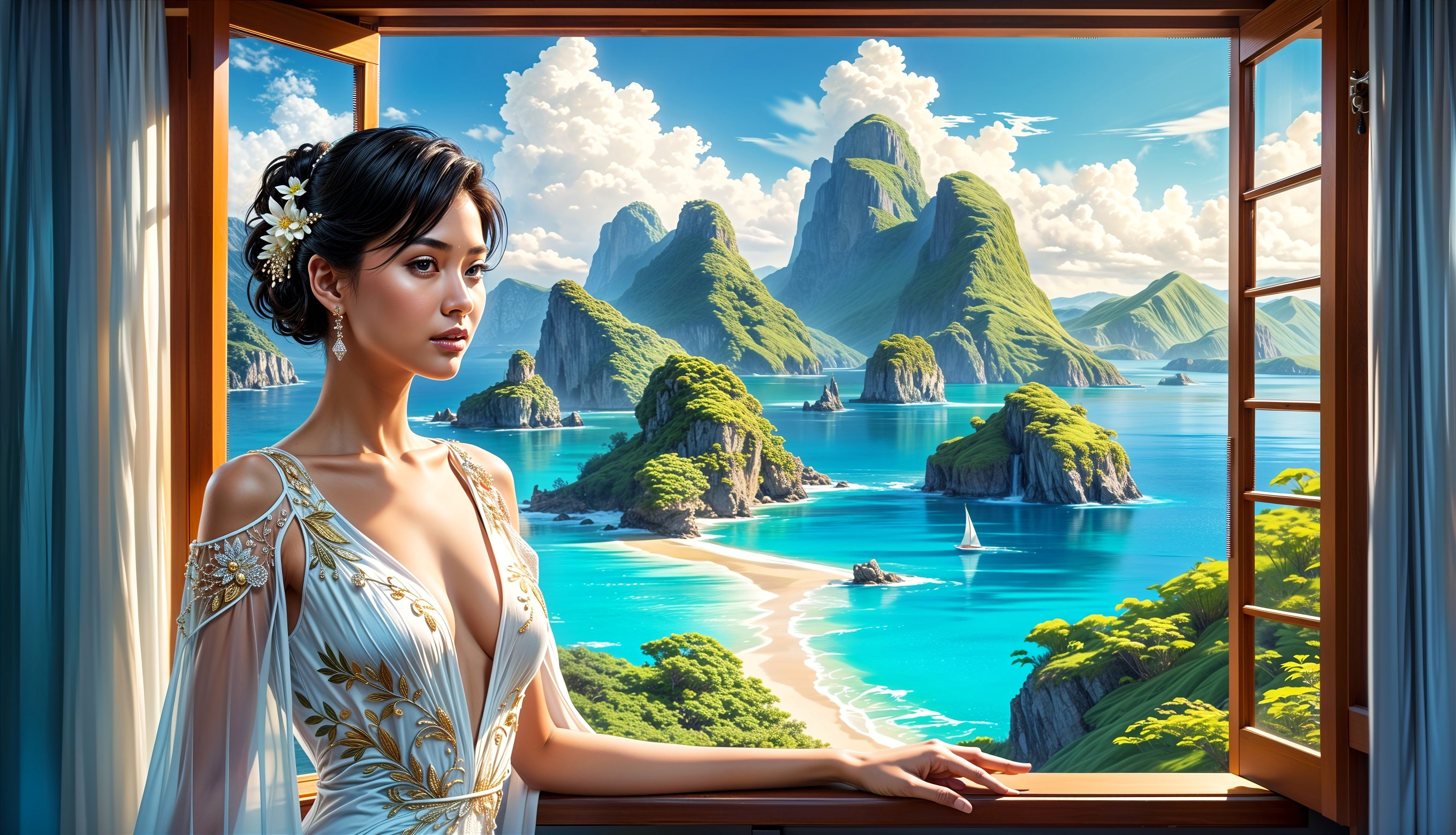 Coastal Landscape View from a Window with Woman