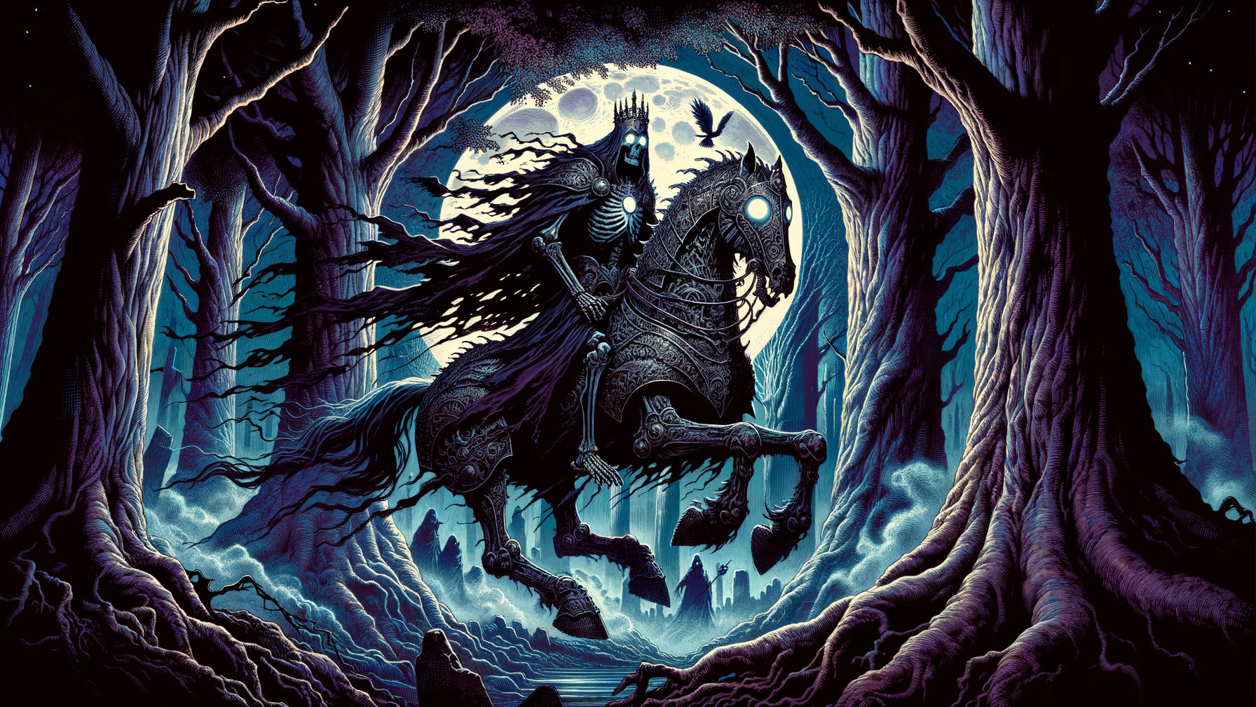 Skeletal Figure on Spectral Horse in Shadowy Forest