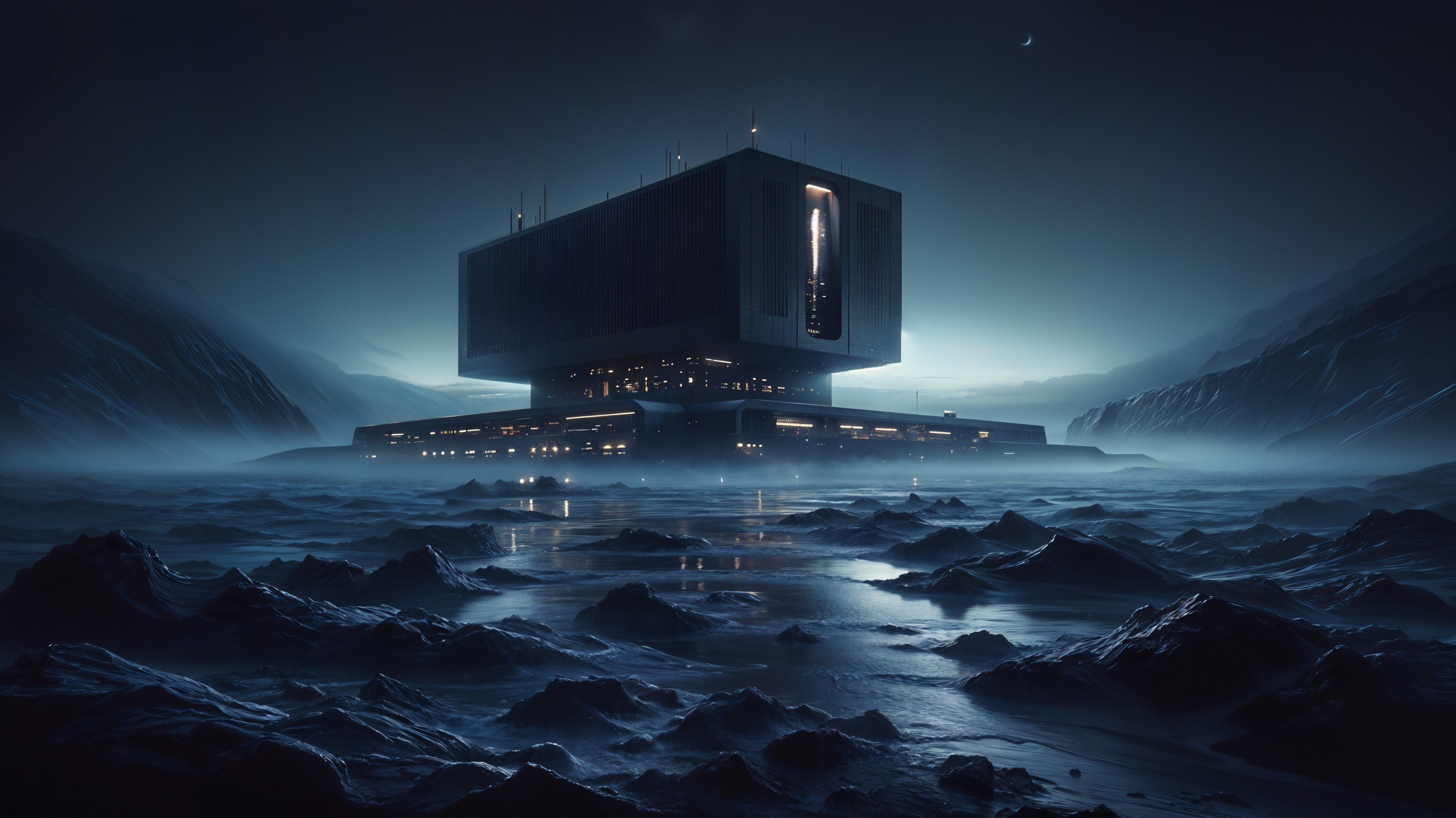 Futuristic Structure in Misty Landscape at Twilight
