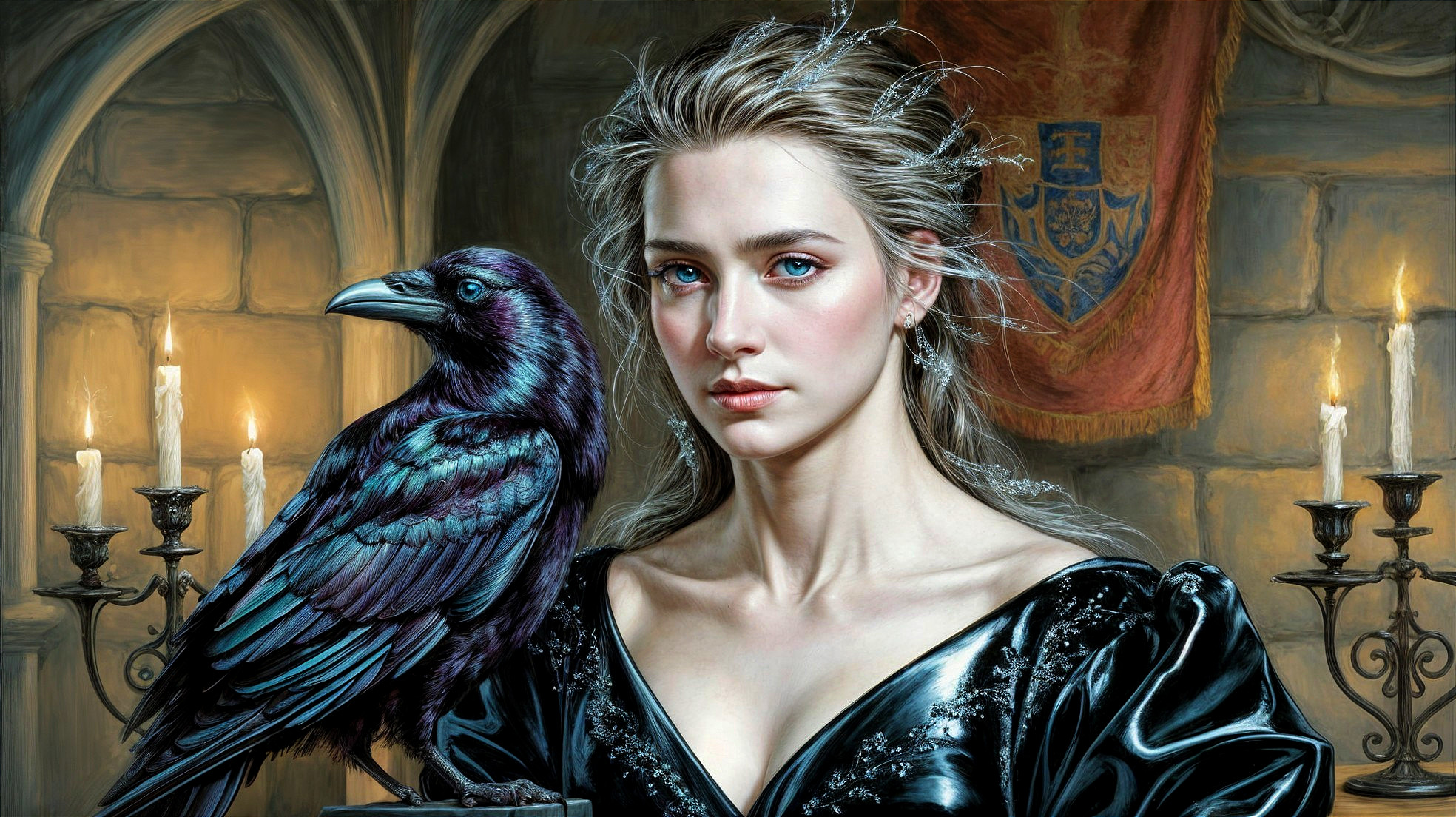 Young woman in black dress with raven in candlelight
