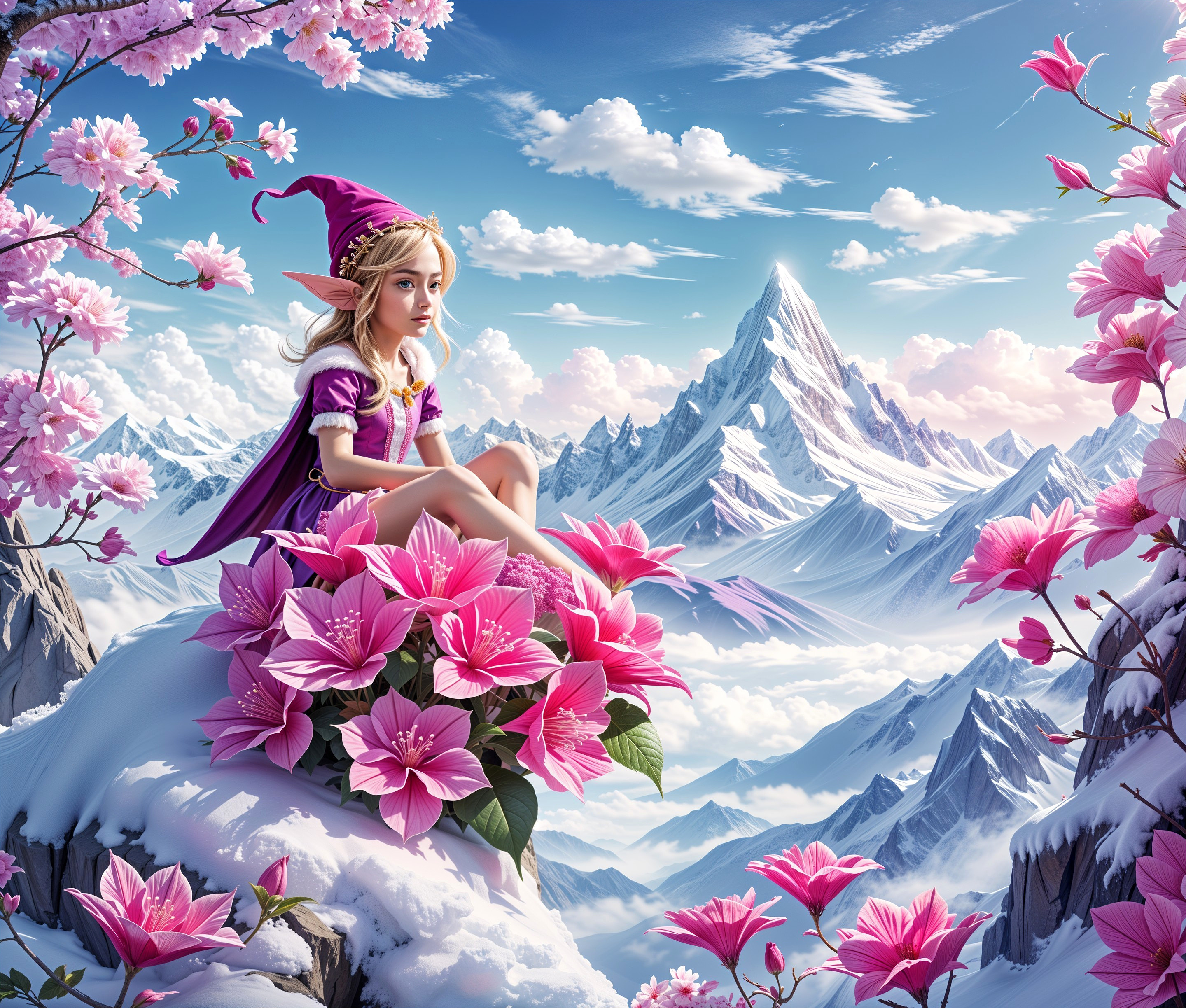 Whimsical Fairy Among Pink Flowers on Mountain Peak