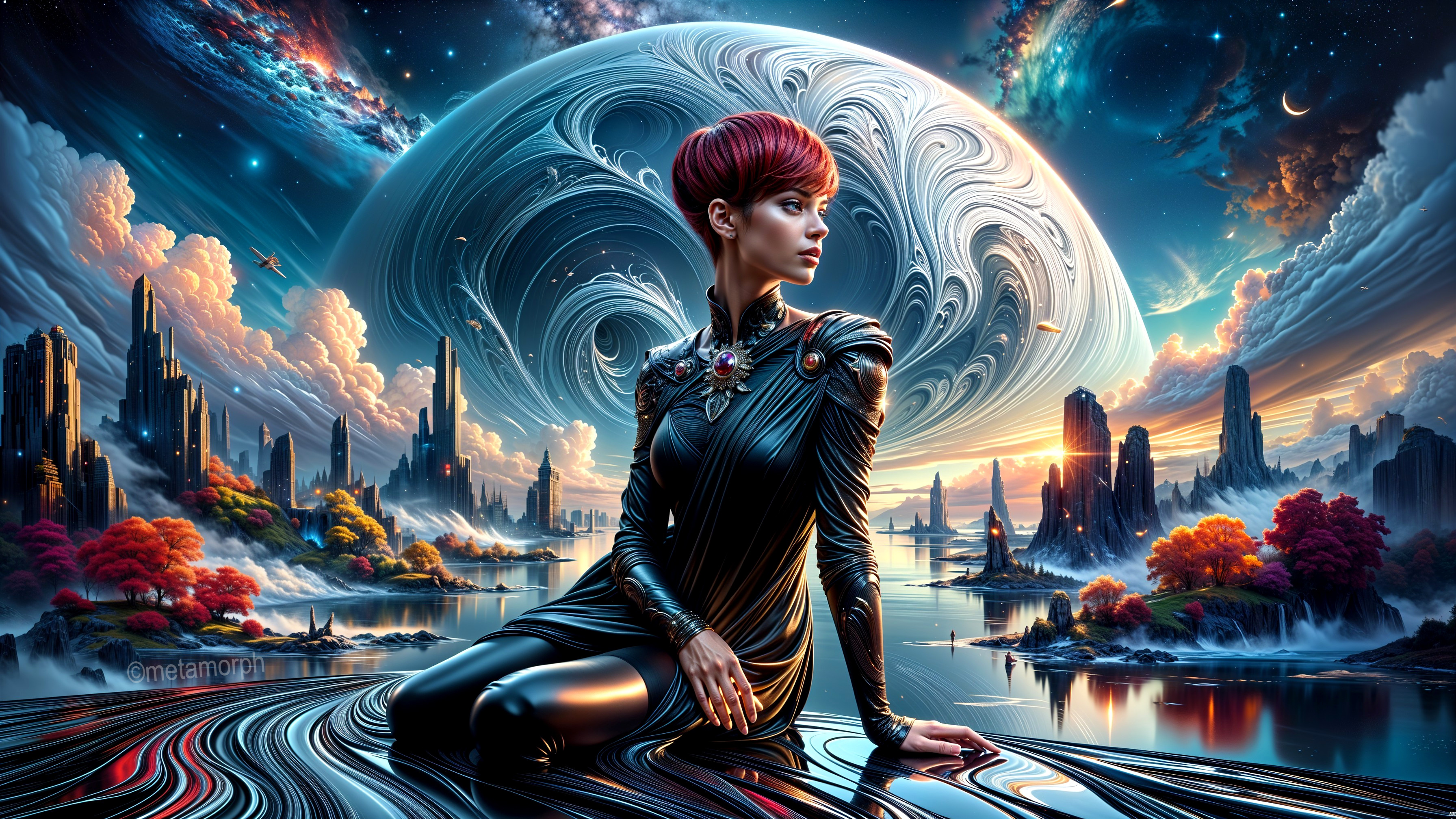 Futuristic Woman in Surreal Landscape with Giant Planet