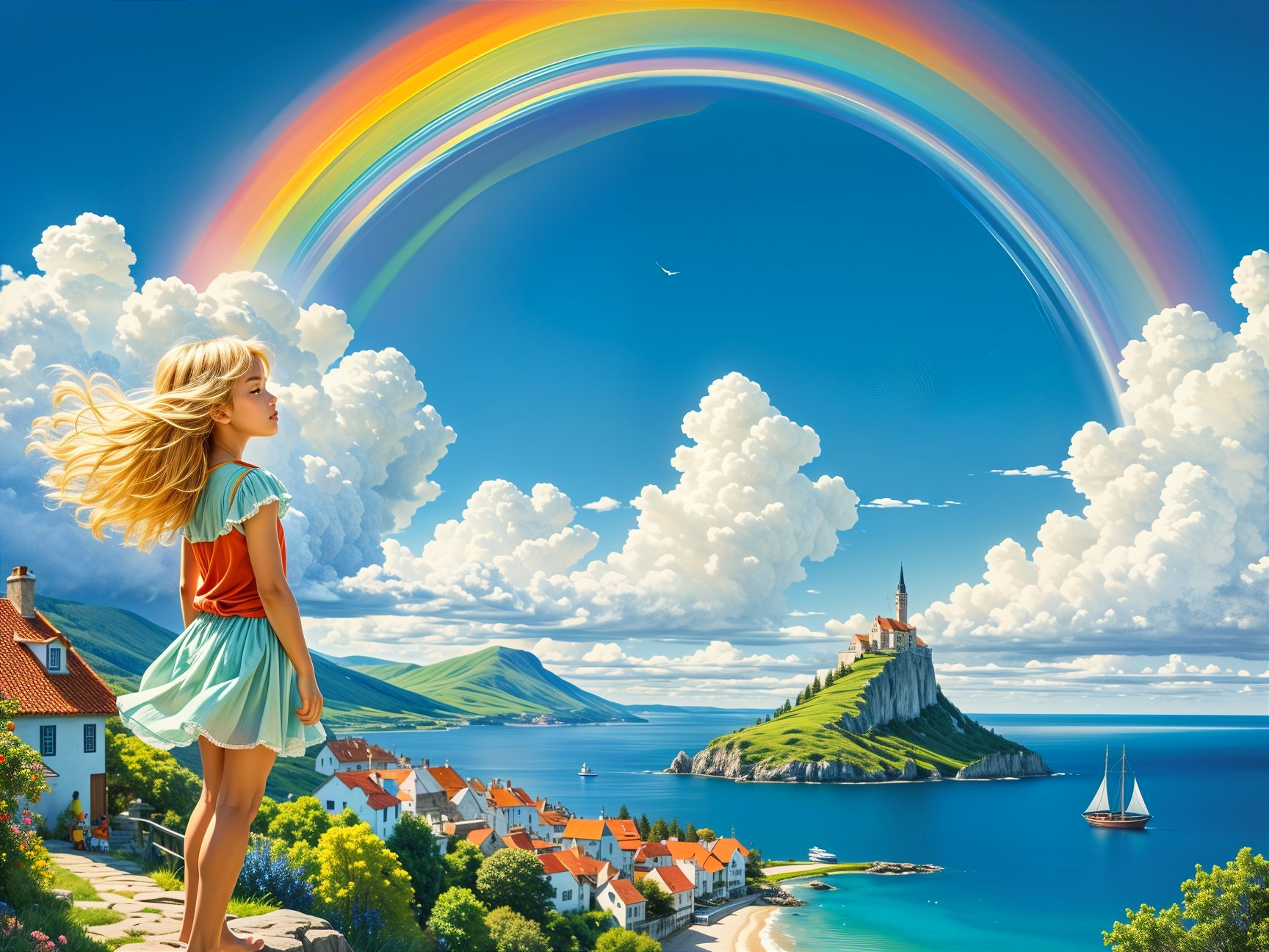 Young girl views rainbow over scenic coastal village