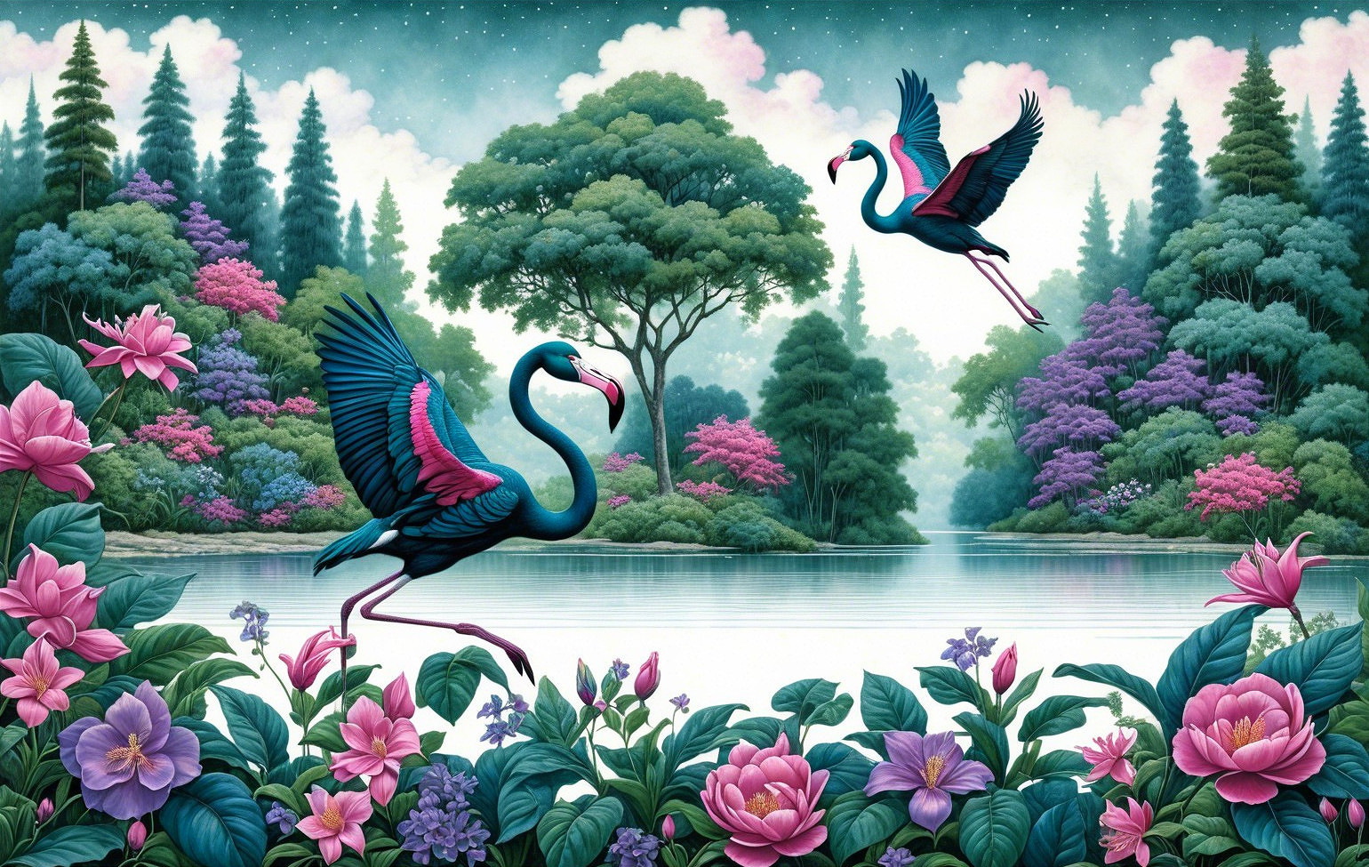 Serene Landscape with Flamingos and Vibrant Flora