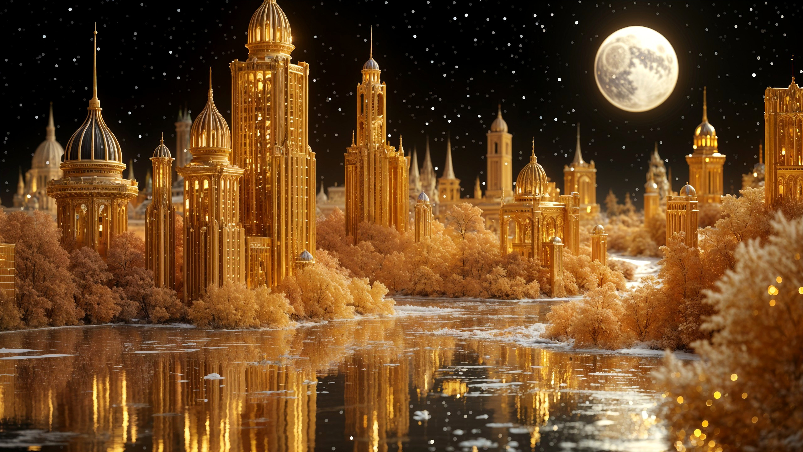 Nighttime Cityscape with Golden Skyscrapers and River