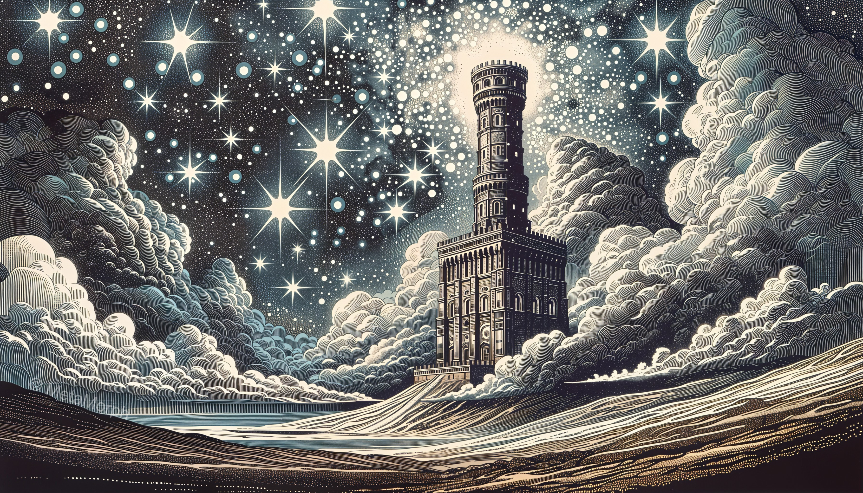 Majestic Tower Against Swirling Clouds and Stars