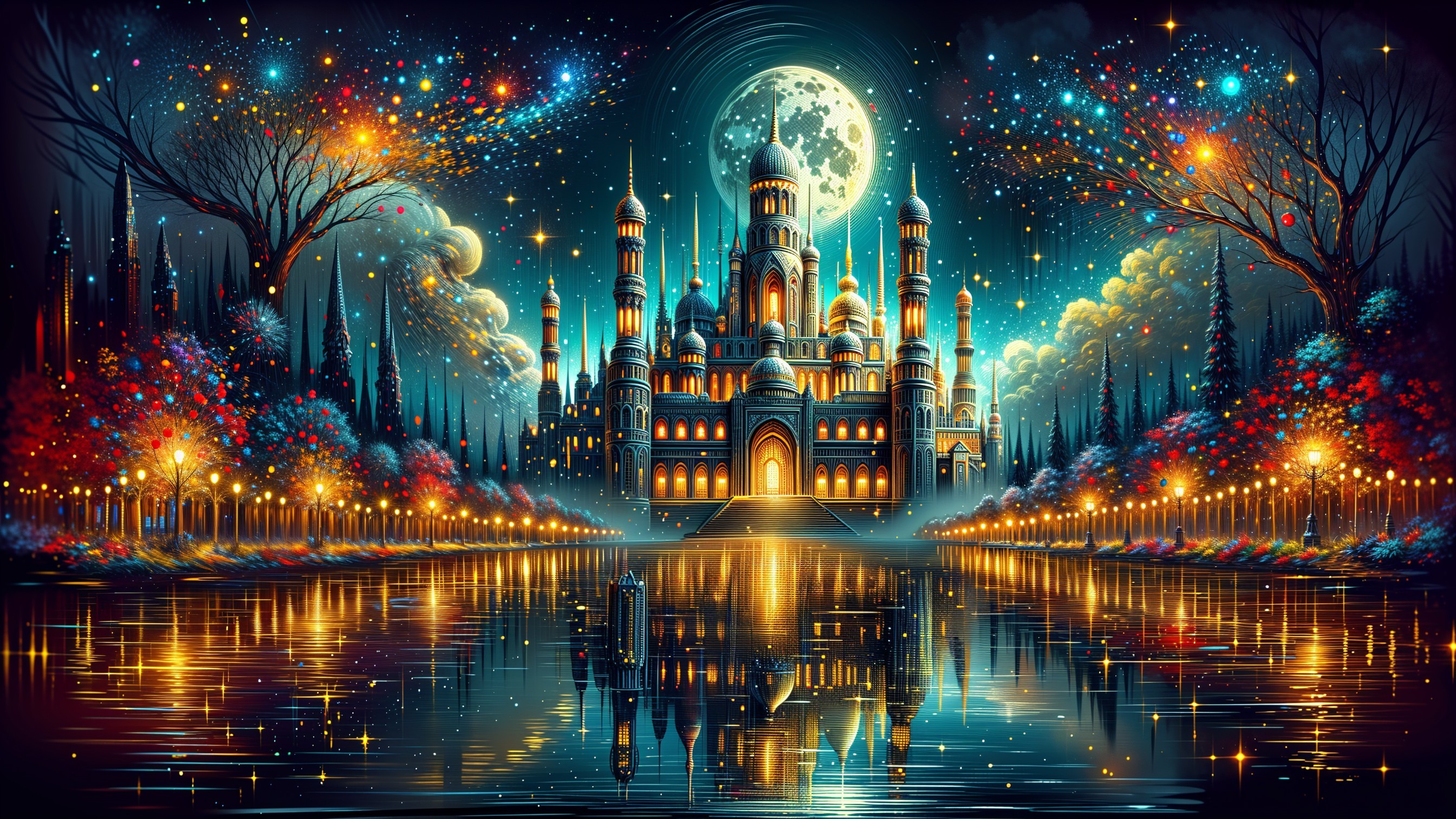 Ornate palace at night with glowing trees and lake