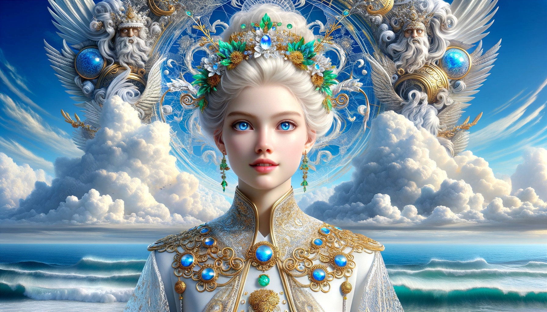 Intricately Designed Gown Against Ocean and Clouds