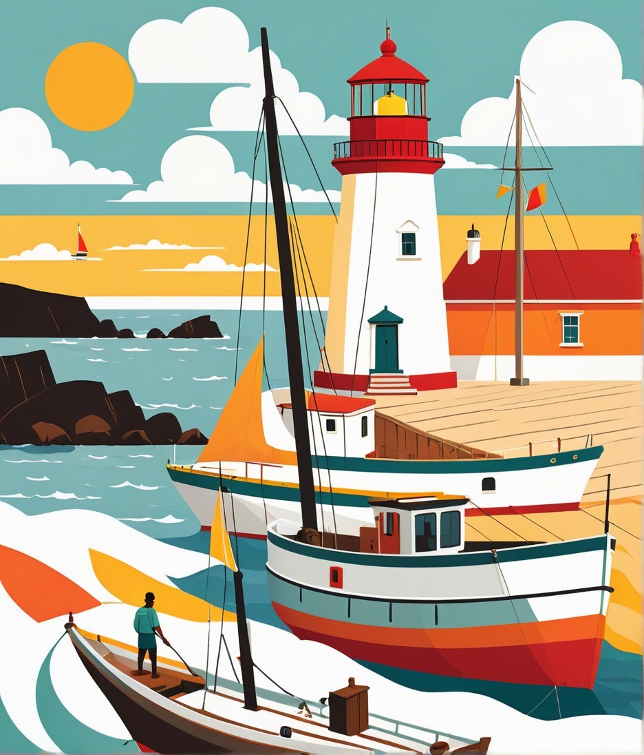 Vibrant Coastal Scene with Lighthouse and Sailboats
