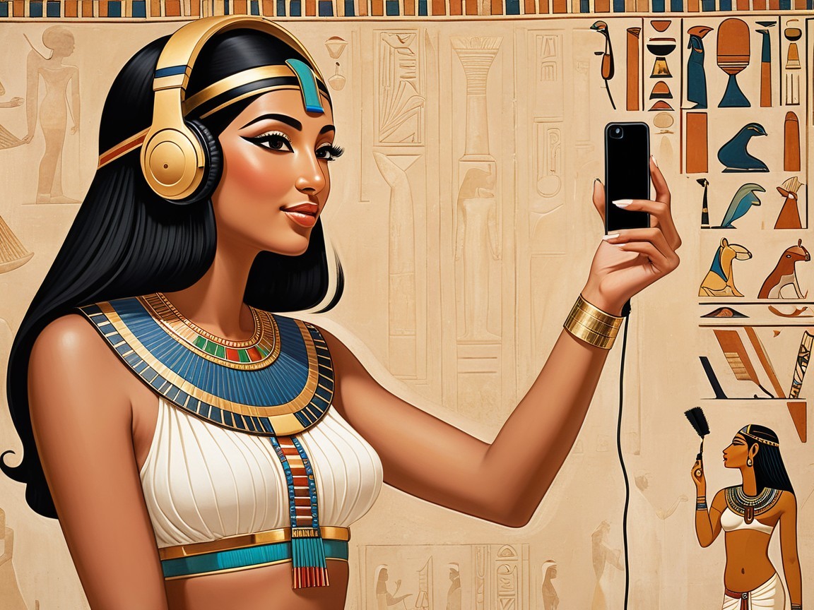 Ancient Egyptian Woman in Traditional Attire with Modern Tech