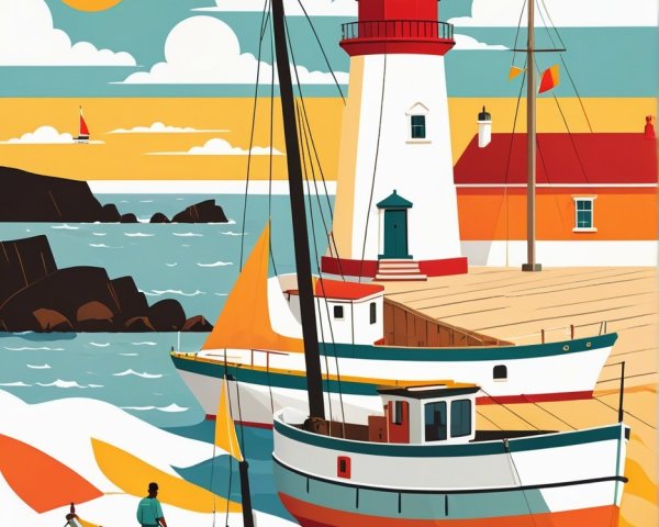 Vibrant Coastal Scene with Lighthouse and Sailboats