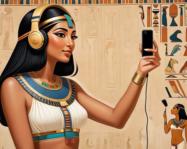 Ancient Egyptian Woman in Traditional Attire with Modern Tech
