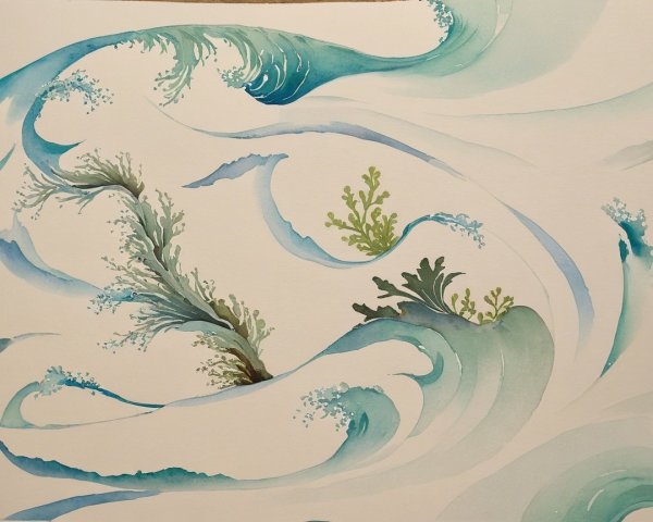 Watercolor Artwork of Ocean Waves in Blue and Teal