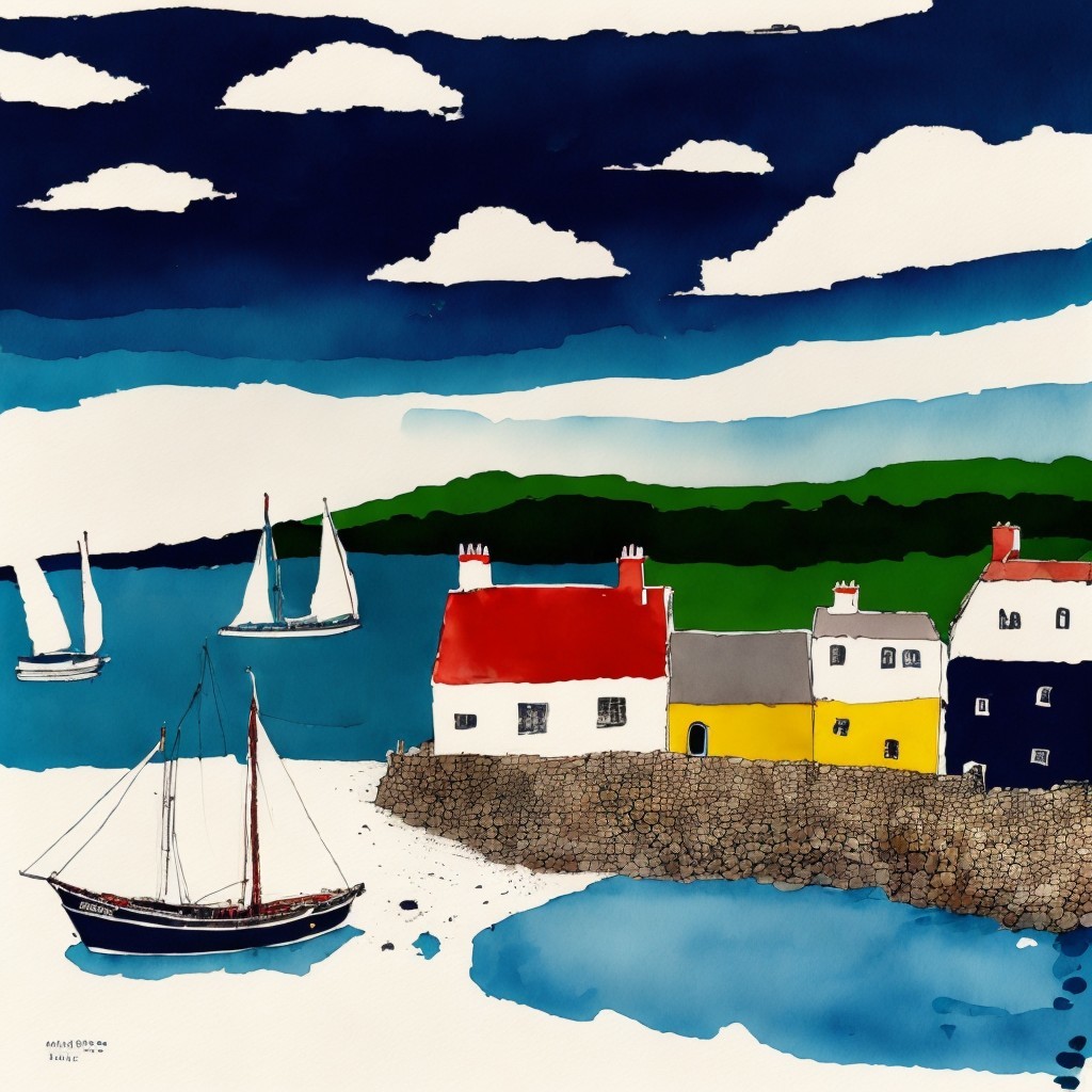 Coastal Scene with Colorful Houses and Sailboats