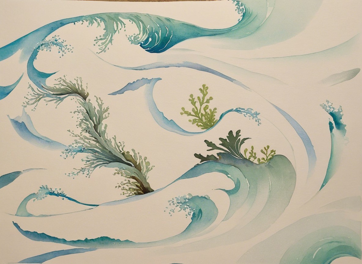 Watercolor Artwork of Ocean Waves in Blue and Teal