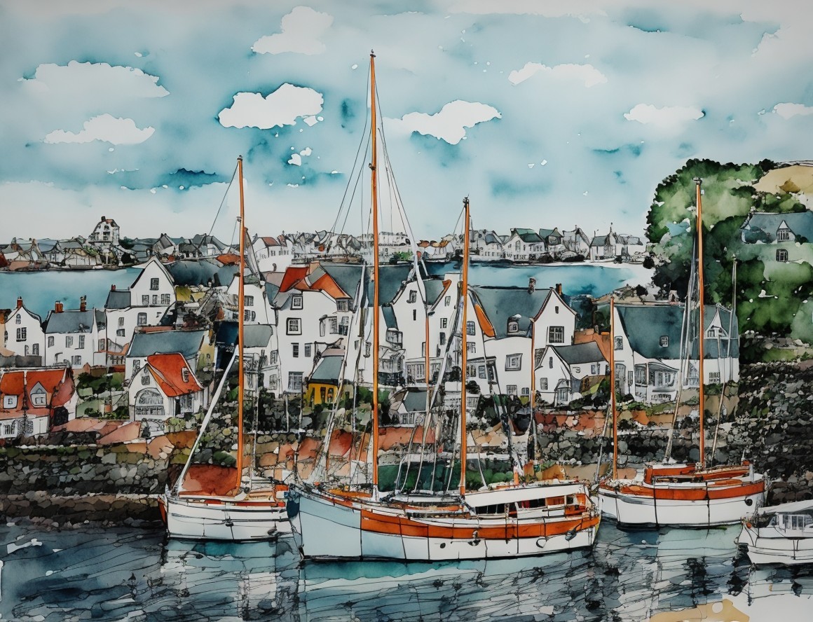 Serene harbor scene with sailboats and quaint houses