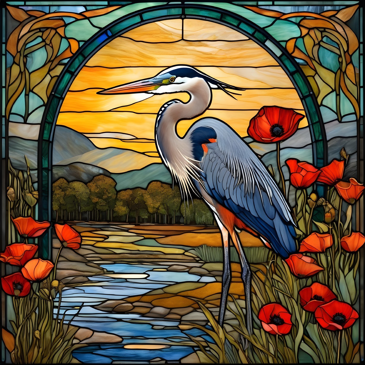 Stained Glass Artwork of Heron by Tranquil River