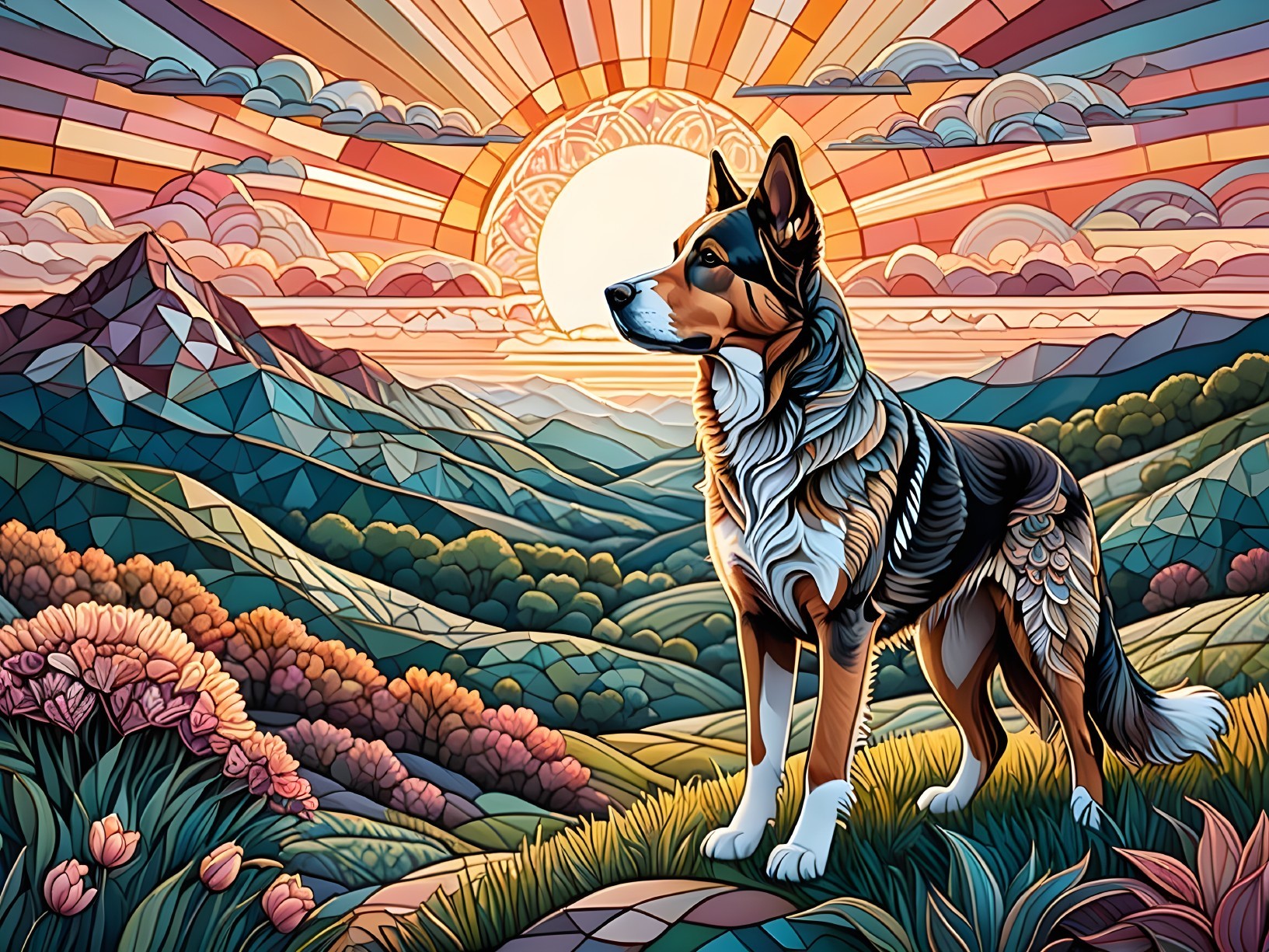 Majestic Dog on Hill with Sunrise in Stained Glass