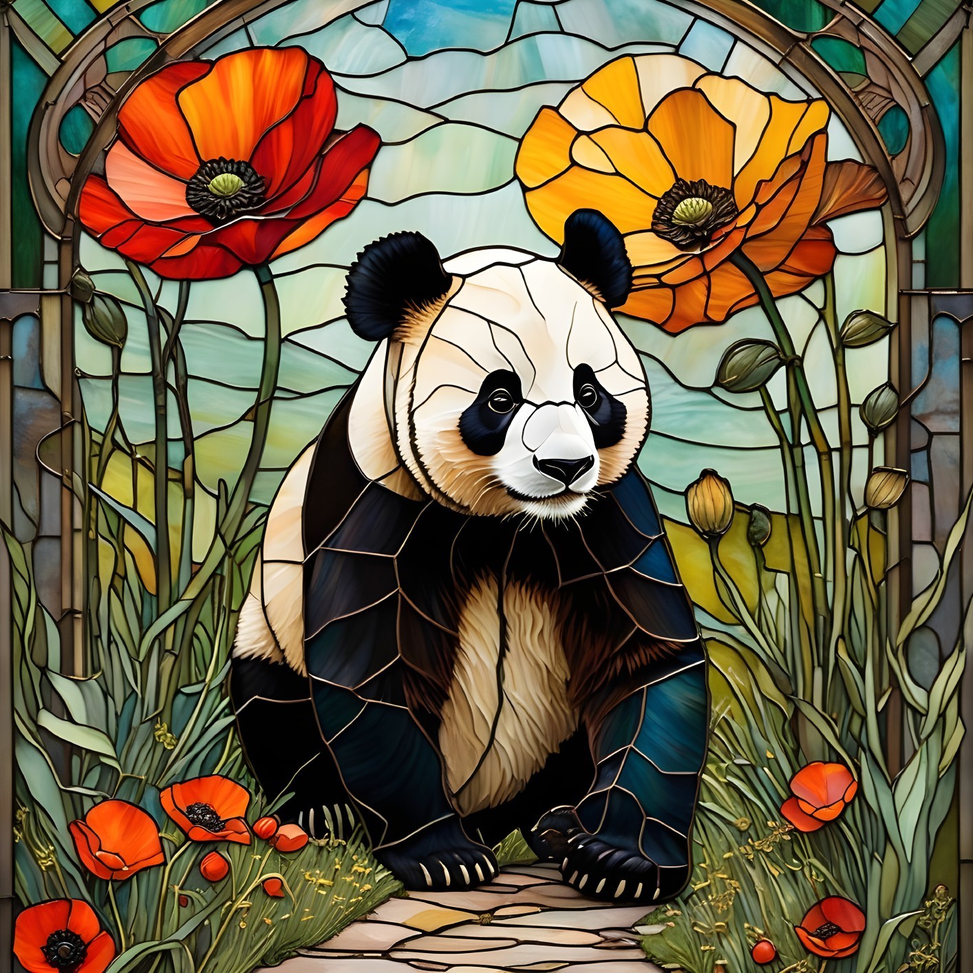 Stained Glass Artwork Featuring Panda and Poppy Flowers