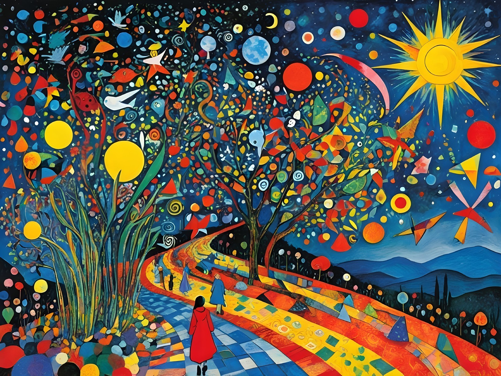 Whimsical Landscape with Colorful Celestial Bodies