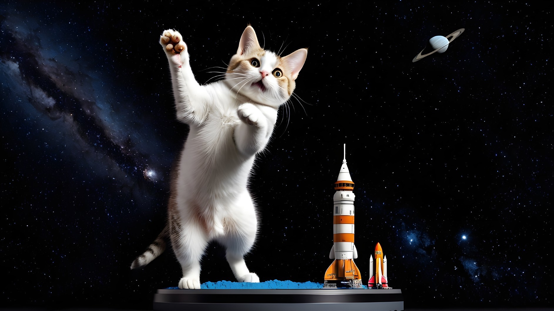 Playful Cat on Lunar Platform with Space Backdrop