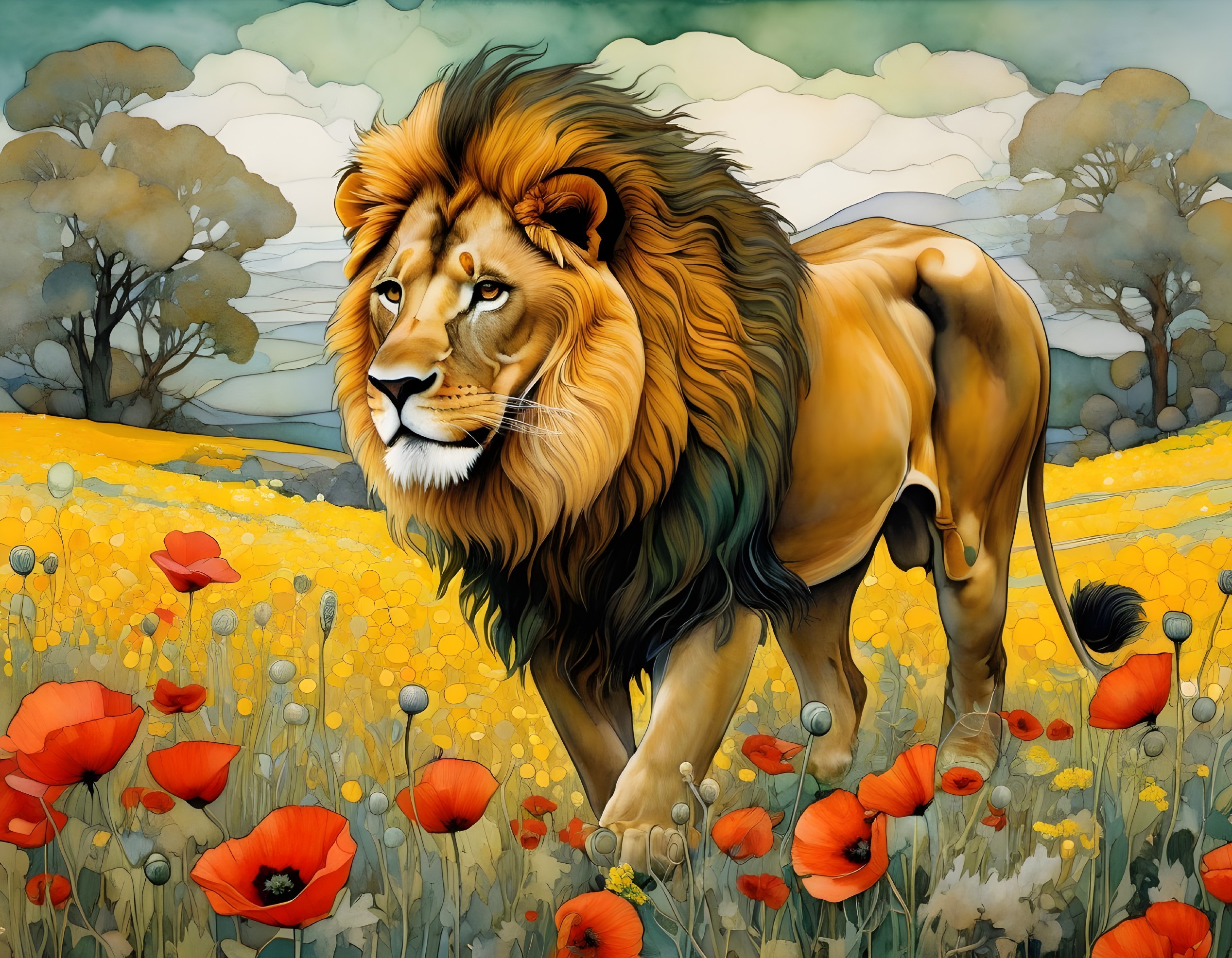 Majestic lion in vibrant flower field with stylized trees