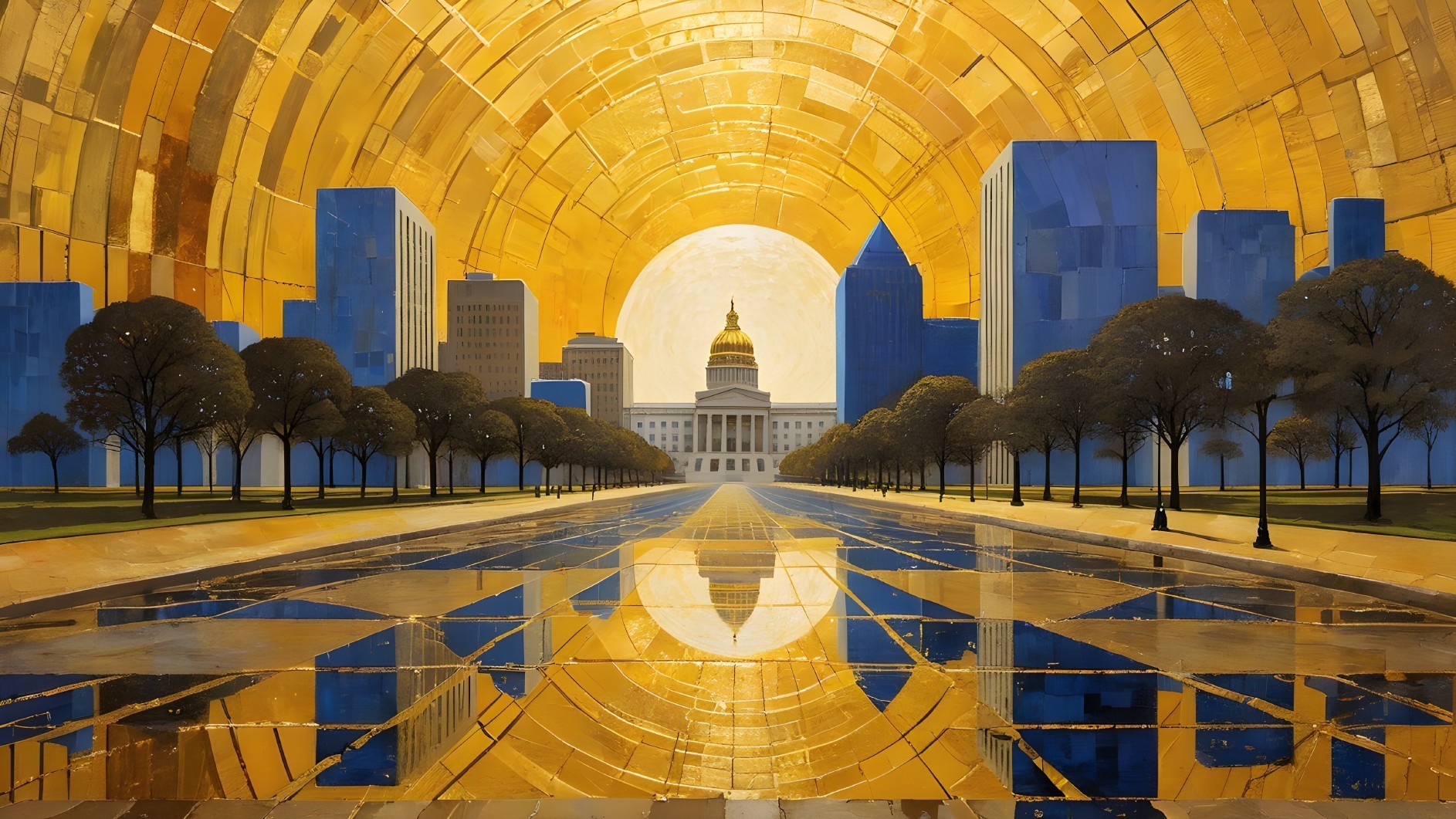 Grand Cityscape with Skyscrapers and Golden Sky