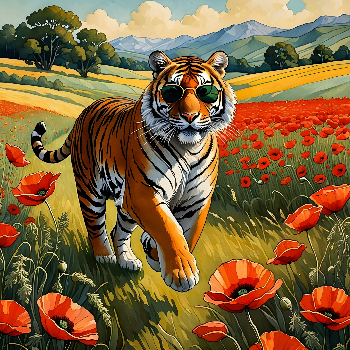 Stylized Tiger in Landscape of Poppies and Mountains