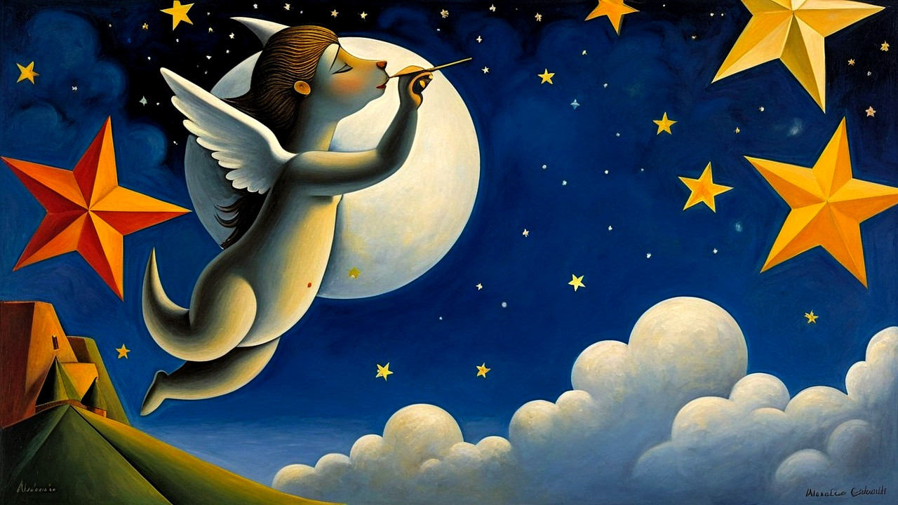 Whimsical Cherub Soaring in a Starry Night Sky