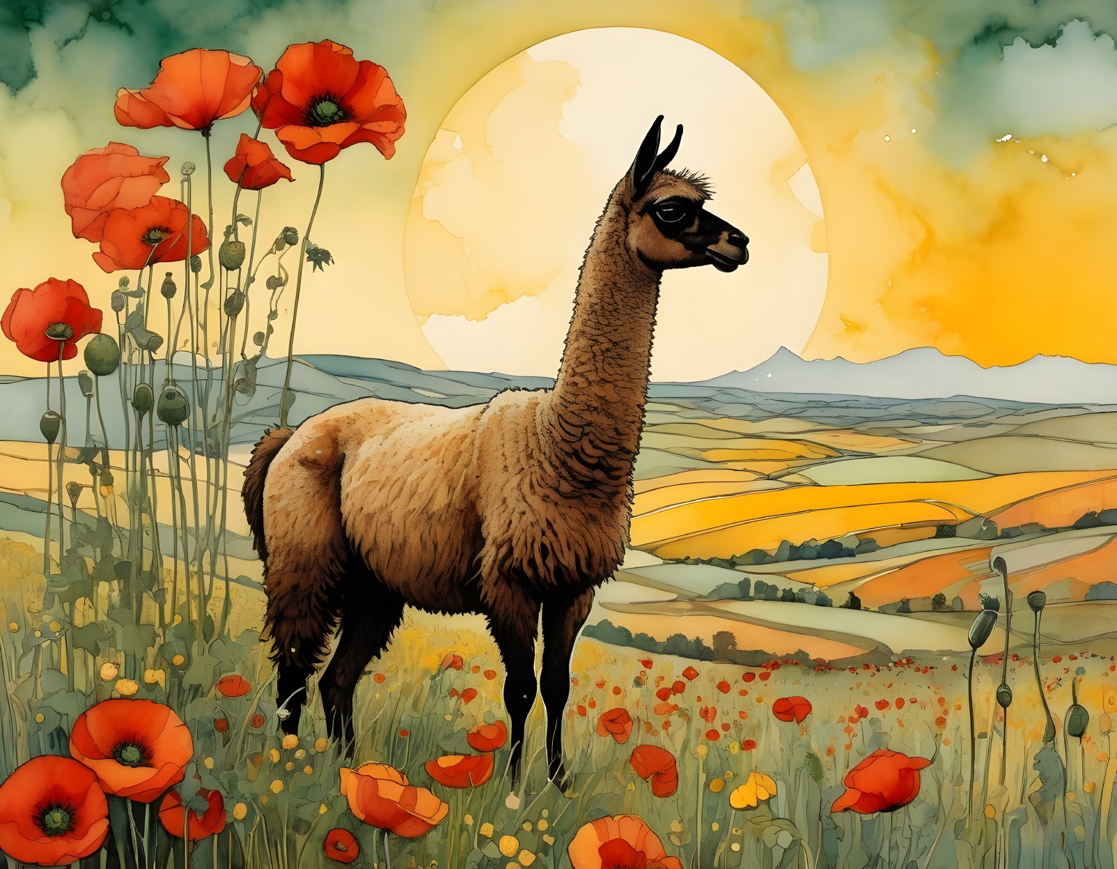Llama in poppy field with rolling hills at sunset