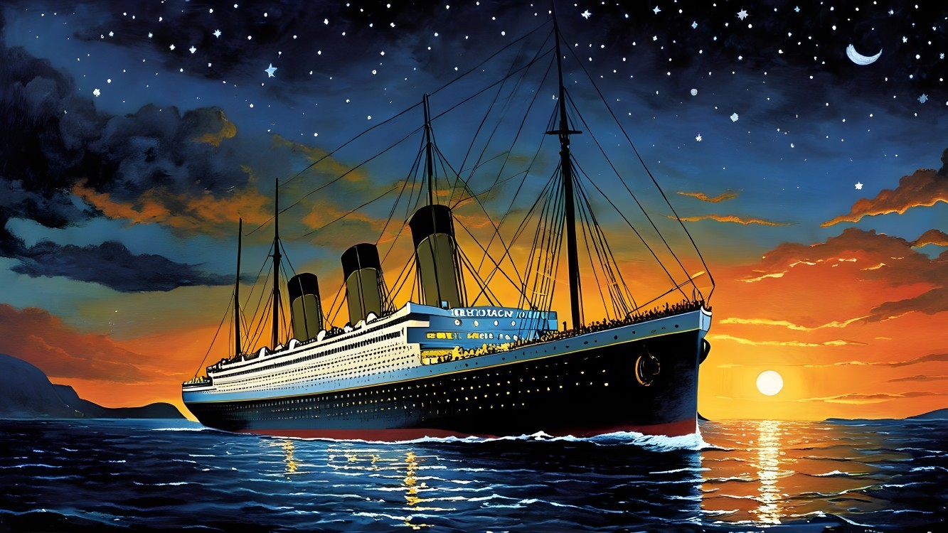 RMS Titanic Sailing at Twilight with Starry Sky