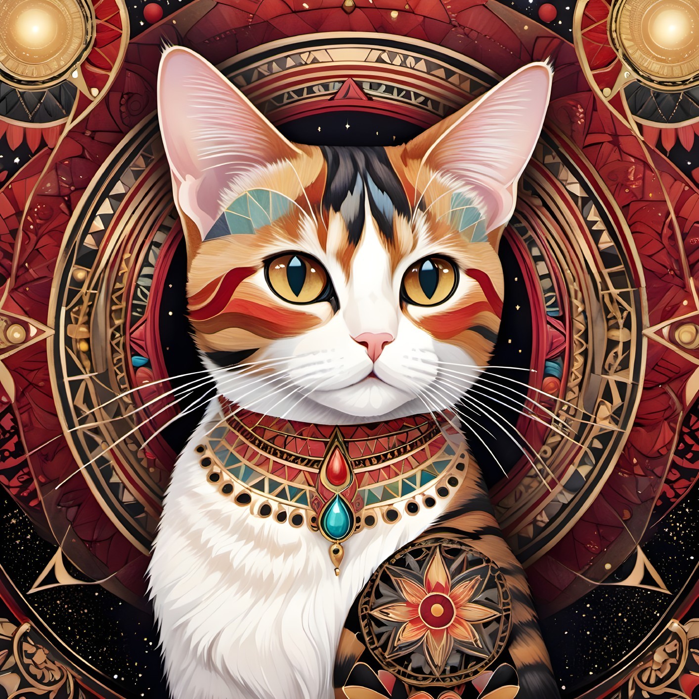 Majestic Cat Illustration with Egyptian Jewelry and Patterns
