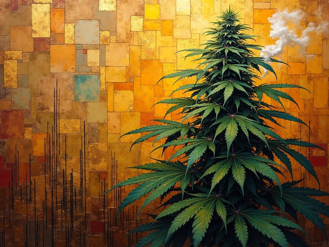 Lush Cannabis Plant Against Vibrant Abstract Background