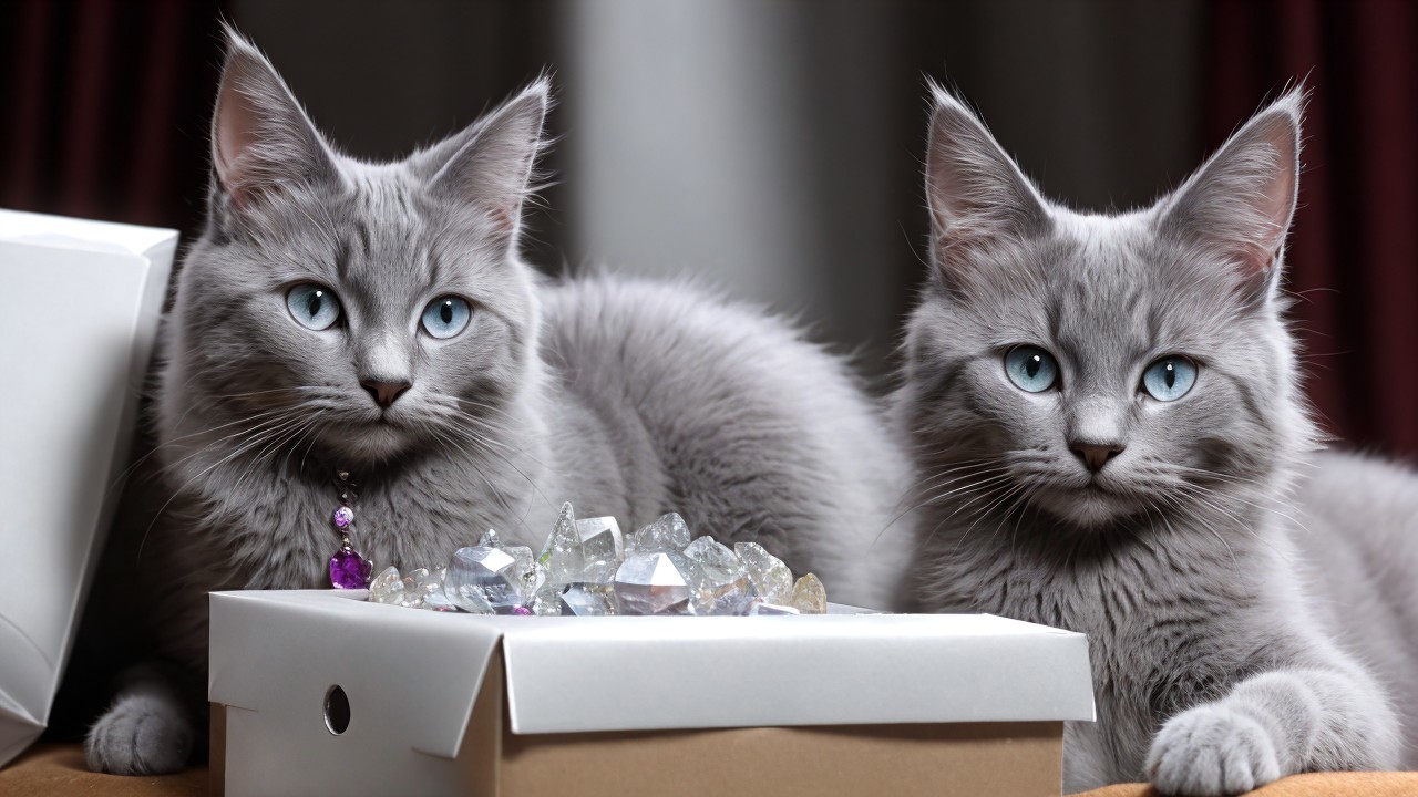 Gray Kittens with Blue Eyes Beside Sparkling Crystals