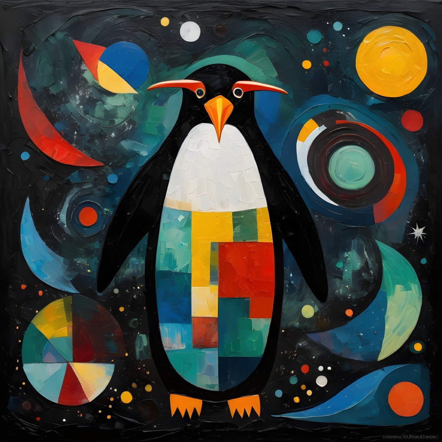 Colorful Penguin Surrounded by Geometric Shapes and Stars