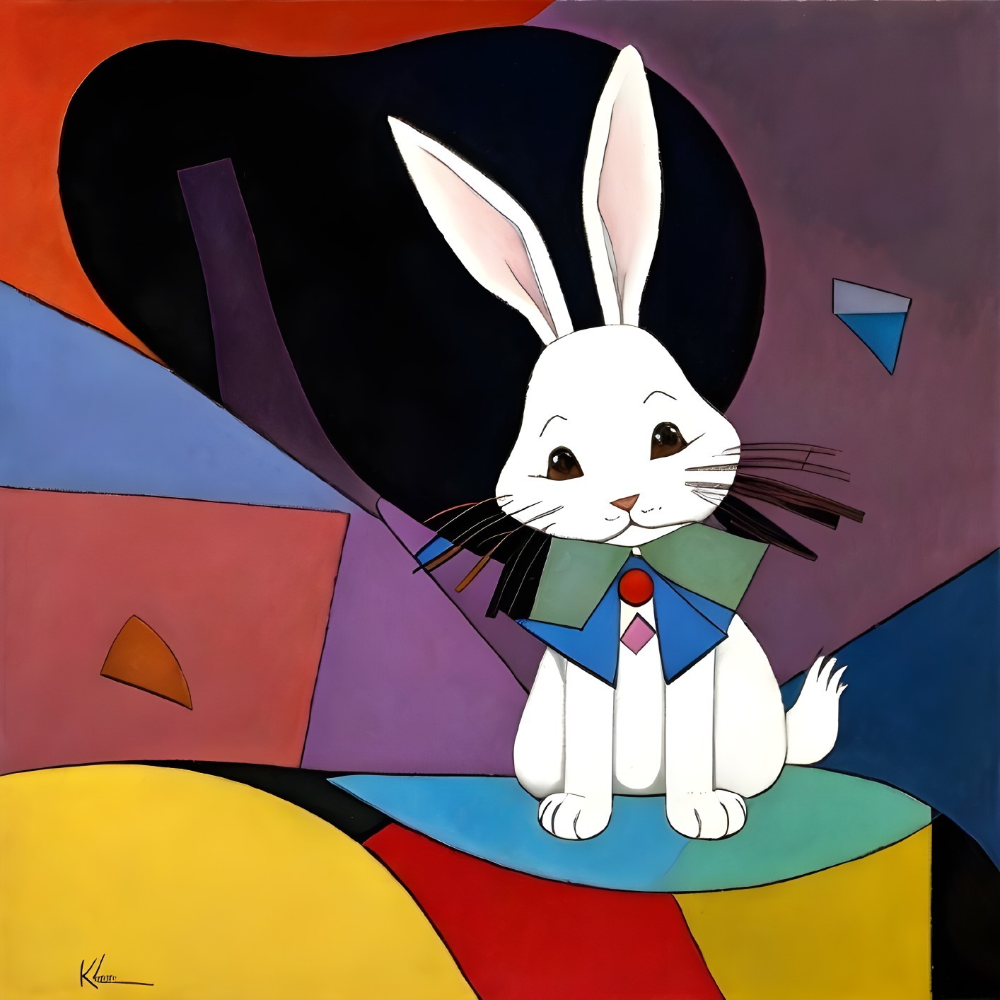 Whimsical White Rabbit in Blue Suit and Red Tie Illustration