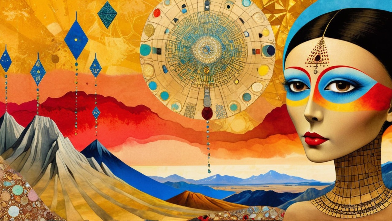 Woman with Blue and Orange Makeup in Vibrant Landscape