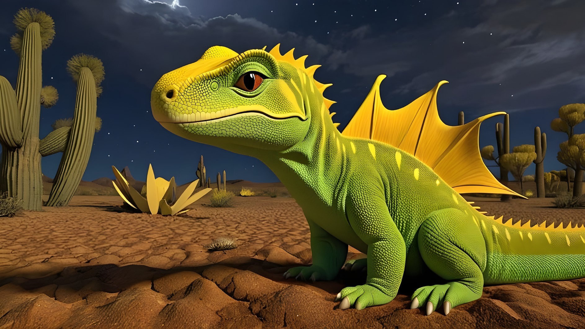 Vibrant Green Lizard in Desert Landscape at Night